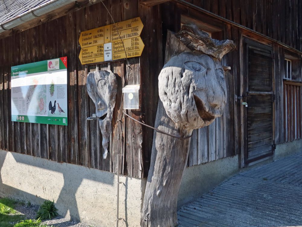 Infotafel, Wanderwegweiser und Holzfiguren