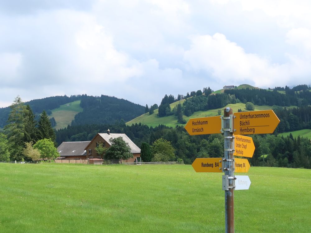 Hundezentrum und Chapf überm Wanderwegweiser