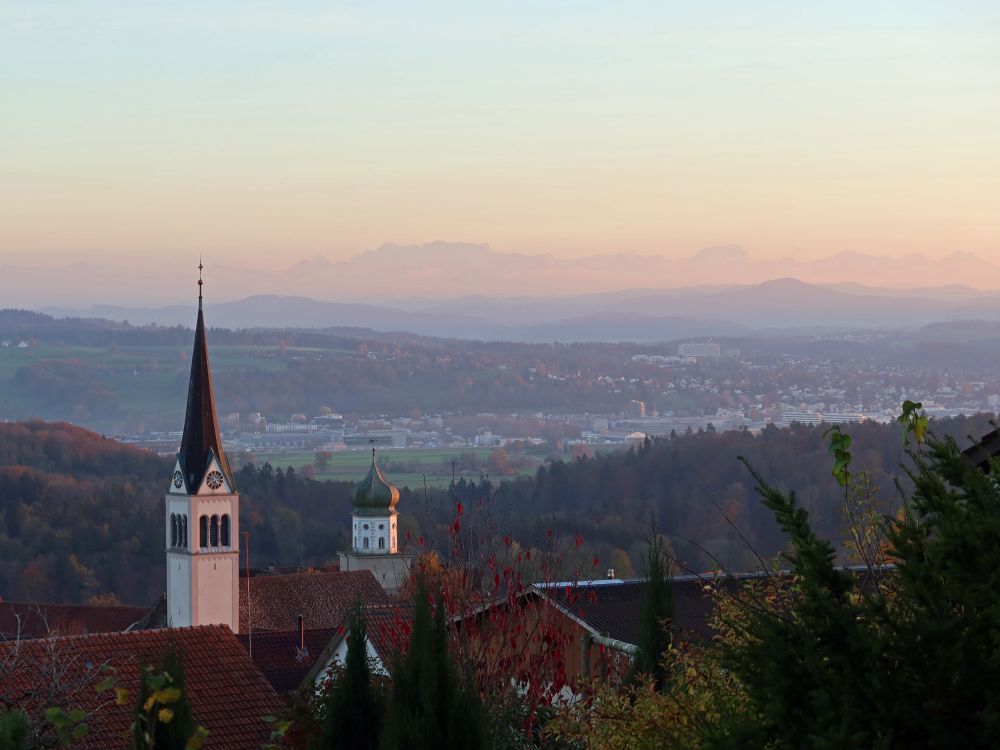 Kirchturm, Schloss Herdern und Glarner Alpen