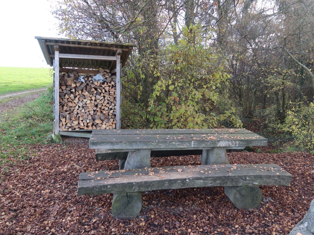 Feuerholz und Sitzgruppe