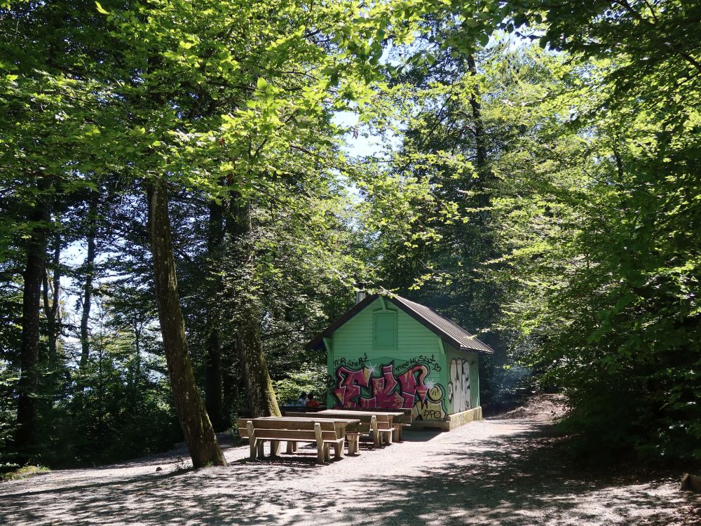 Hütte mit Sitzbänken und Tischen